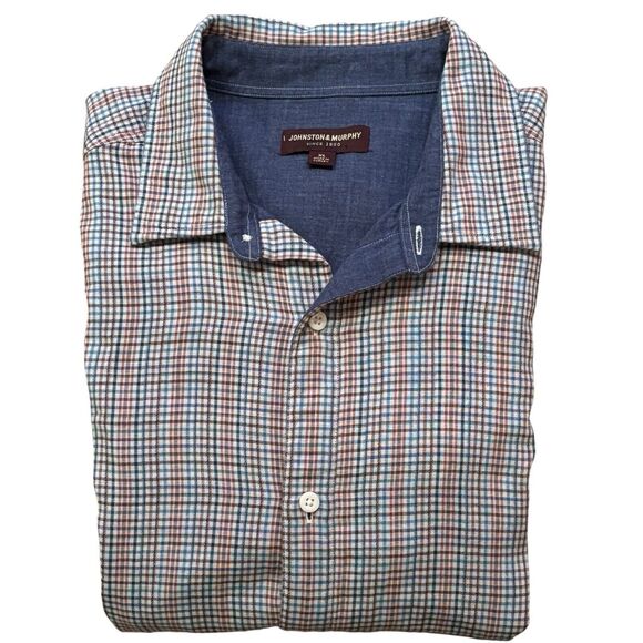 Johnston & Murphy Double Layered Cotton Button Down Blue Brown Plaid XL - Picture 4 of 8
